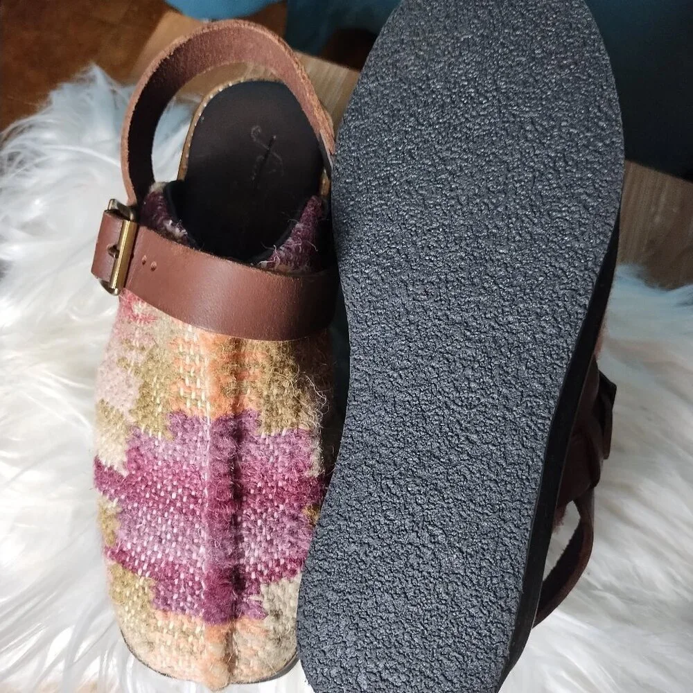Free People Multicolor Wool-Textured Platform Clogs with Brown Strap